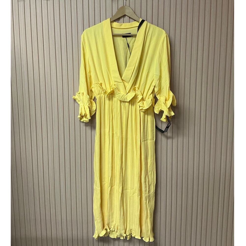 PrettyLittleThing Plus Pleated Midi Dress Frill Detail Ruffle Sleeve Size US M